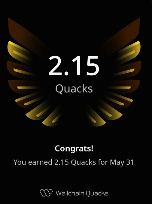 The image features a poster with an illustration of a bird's wing design, accompanied by text congratulating users for completing 2.15 Quacks from May 31st. The poster also includes information about Wallchain Quacks, which is likely related to the content displayed on the poster.