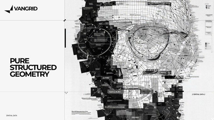 A design poster featuring 'VANGRID' branding with the text 'PURE STRUCTURED GEOMETRY' alongside an intricate black and white geometric portrait illustration