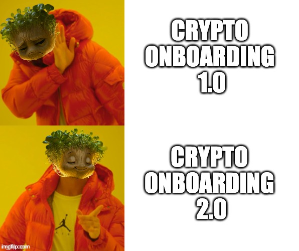 A two-panel Drake meme with the top labeled 'CRYPTO ONBOARDING 1.0' (rejection) and the bottom labeled 'CRYPTO ONBOARDING 2.0' (approval), with Drake wearing a leafy headpiece.
