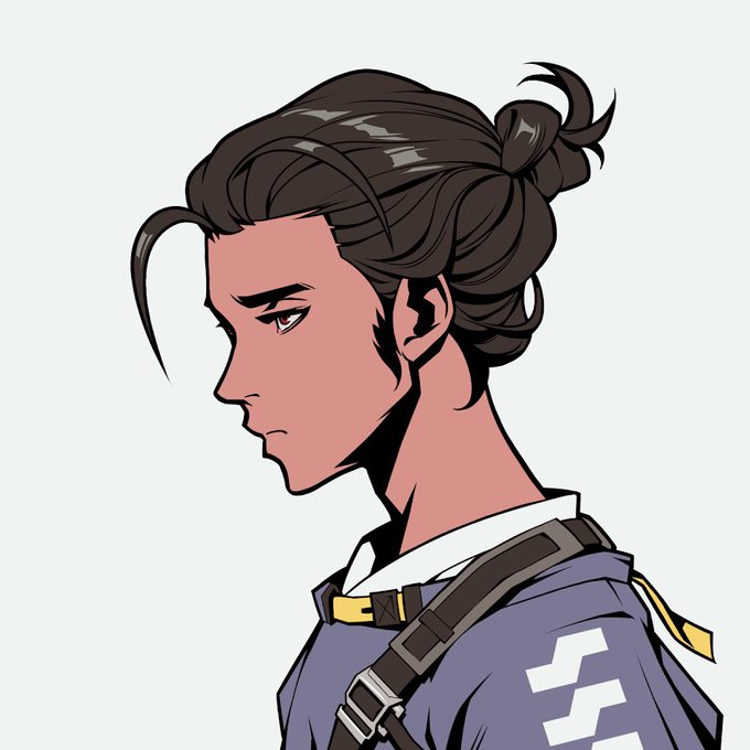 An anime/manga-style illustration of a young man shown in profile with dark hair tied in a topknot, sideburns, and a purple outfit featuring a cross-like emblem.
