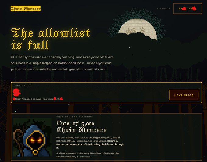 A dark-themed cryptocurrency webpage with pixel-art styling titled 'The allowlist is full' for 'Chain Manors', showing a '0x00' ticker and minting information.