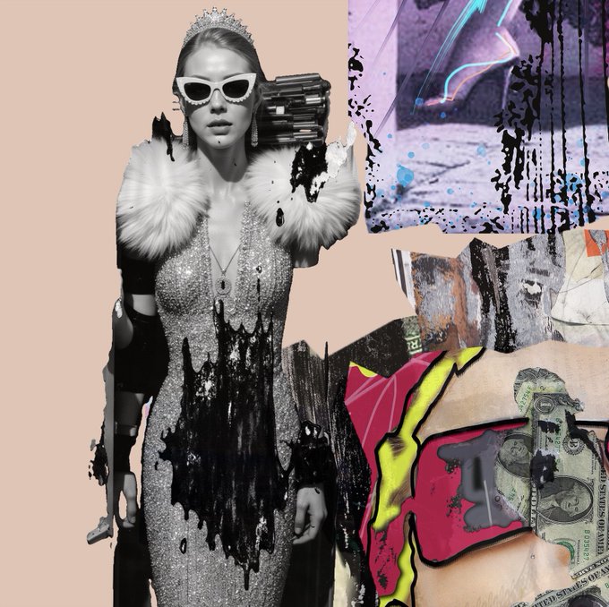 A digital collage featuring a woman in a sequined dress, sunglasses, and tiara, surrounded by paint drips, neon lights, and currency elements.