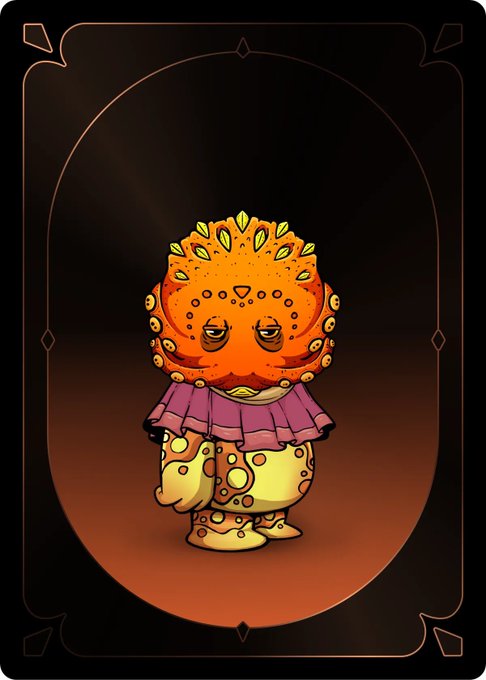 An illustration of a cute orange monster-like character with yellow spikes on its head, wearing a pink collar and yellow patterned pants, standing inside an ornate oval frame.