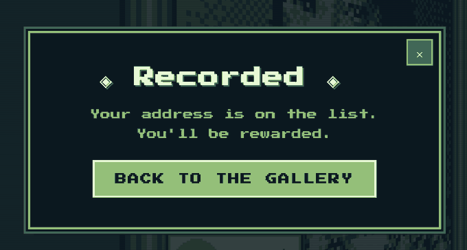 A pixel-art confirmation screen displays "Recorded" with the message "Your address is on the list. You'll be rewarded." and a "BACK TO THE GALLERY" button, suggesting the user's address has been successfully registered for the Florentines follow-up mint.