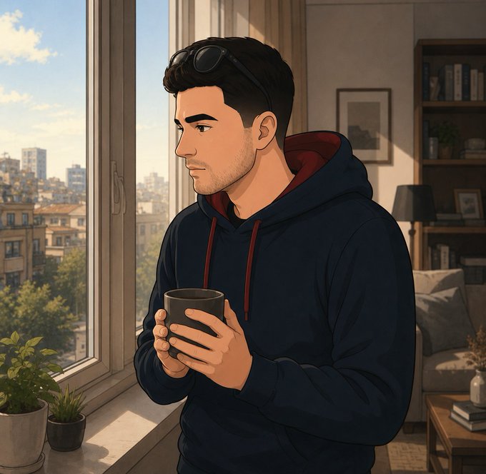 A digital anime-style illustration of a young man with sunglasses on his head, wearing a dark hoodie and holding a coffee cup while standing by a window overlooking a city.