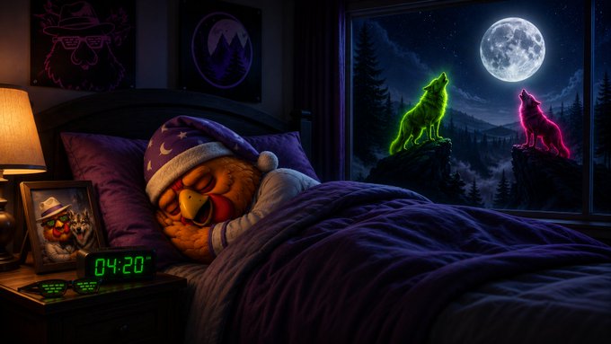 A Furby wearing a nightcap sleeps soundly in a purple bed at 4:20 AM on a digital clock, while two glowing neon wolves—one green, one pink—howl at the full moon outside the window, symbolizing how the $PACK remains vigilant and active through the night.