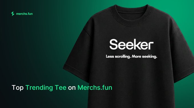 The image showcases a black "Seeker" t-shirt with the tagline "Less scrolling. More seeking." printed in white, displayed against a vibrant green gradient background. Branding elements include "merchs.fun" in the top-left corner and "Top Trending Tee on Merchs.fun" at the bottom, highlighting the shirt as a popular drop tied to the Seeker Summer campaign by Solana Mobile.