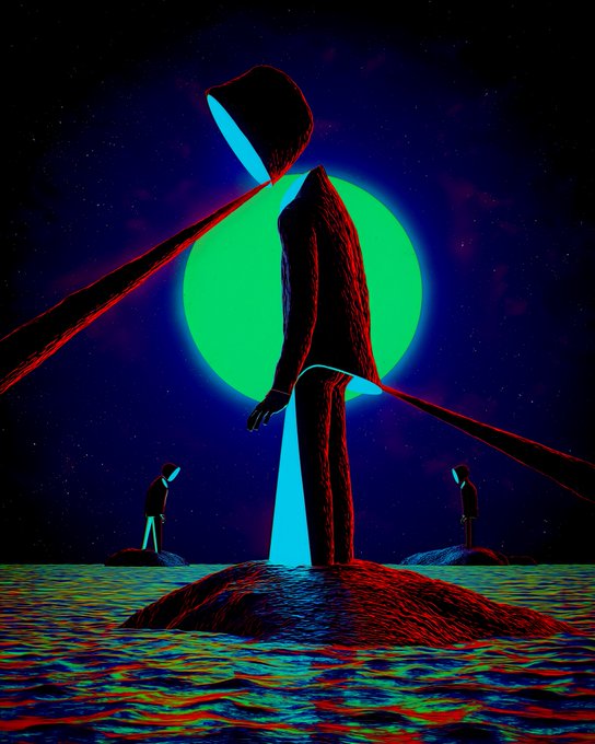 A towering hooded figure illuminated by a glowing green orb stands on a small island amid a rippling sea, flanked by two smaller hooded silhouettes, evoking an eerie cosmic vigil. The scene's dreamlike, otherworldly atmosphere matches the post's "Good Night Legends — See you soon" sentiment, suggesting a mythic farewell to mysterious characters.