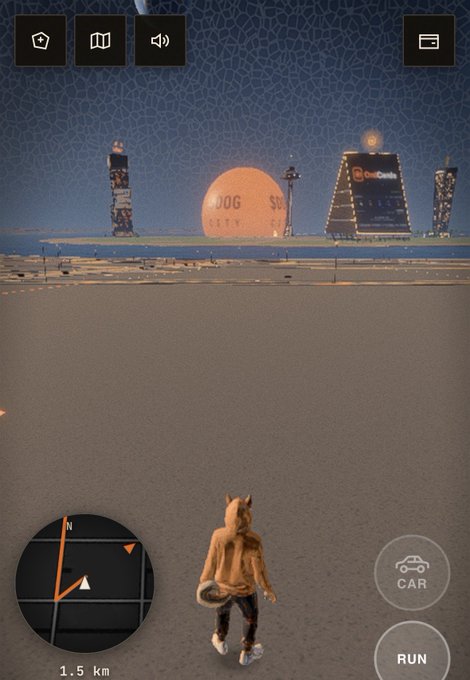 The image shows a screenshot from Dog City, a game featuring a dog character standing in a desert landscape looking toward a large "DOG CITY" sphere and skyscrapers. Visible text includes "DOG CITY," "Google" on a building, "1.5 km" distance indicator, and gameplay buttons for "CAR" and "RUN." The image relates to the post by showcasing virtual real estate plots in the Dog-themed game, highlighting a desirable plot with a view of the central sphere before GTA6's release.
