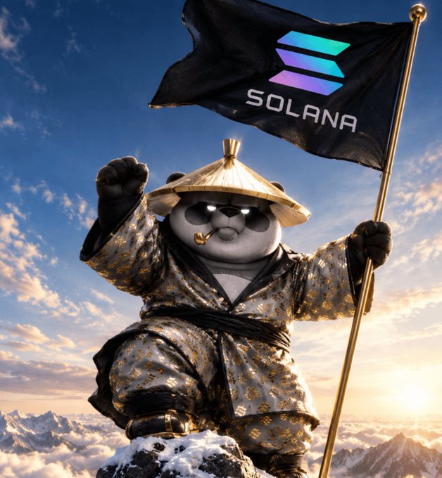 A panda dressed as a samurai warrior stands triumphantly atop a snowy mountain peak, wearing a traditional straw hat and patterned robes while holding a black flag emblazoned with the "SOLANA" logo and its teal-to-purple gradient symbol, channeling the "GM and Namaste" spirit of taking that first decisive step toward new heights.