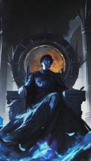 A dark fantasy digital artwork showing a blue-glowing, short-haired figure in a flowing black robe seated on a throne-like chair, surrounded by a circular halo and blue flames at the base.