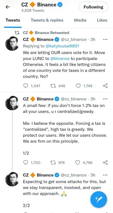 A screenshot of CZ Binance's Twitter feed showing tweets where he addresses LUNC users, stating "Move your LUNC to @binance to participate" in a vote, and defending Binance's position against a 1.2% tax by advocating for user choice. The tweets support the caption's message by highlighting CZ's call to action directing LUNC users to Binance over KuCoin for burning participation.