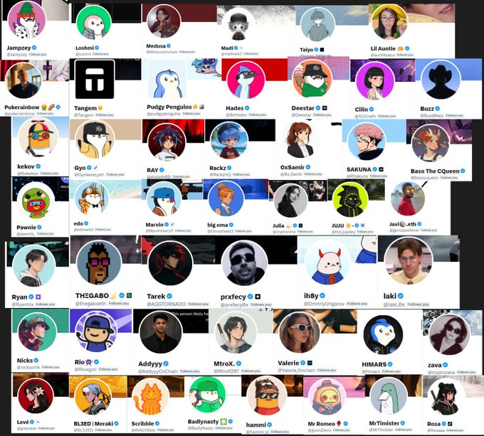 A grid displays numerous user profile pictures and avatars with usernames including 'Jampzey', 'Loshmi', 'Medusa', 'Madi', 'Taiyo', 'Lil Auntie', 'Pukerainbow', 'Tangem', 'Pudgy Penguins', 'Hades', 'Deestar', 'Cilin', 'Buzz', 'kokov', 'Gyo', 'RAY', 'Racks', '0xSamir', 'SAKUNA', 'Baso The QQueen', 'Pwnie', 'edo', 'Marvin', 'big oma', 'Julia', 'JUJU', 'JavaL.eth', 'Ryan', 'THEGABO', 'Tarek', 'prxfecy', 'ihBy', 'laki', 'Nicks', 'Rio', 'Addyyy', 'MtroX', 'Valerie', 'HIMARS', 'zava', 'Levé', 'BL3D | Meraki', 'Scribble', 'Badlyrnasty', 'hammil', 'Mt Romeo', 'MrTimster', and 'Rosa'.