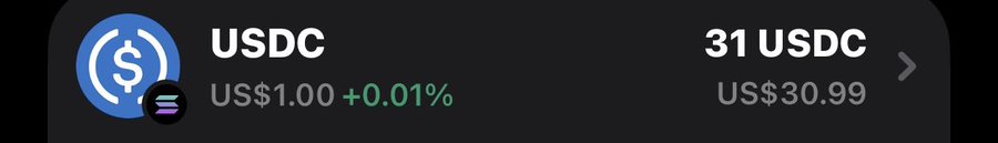 The image displays a crypto wallet asset view showing a holding of 31 USDC tokens valued at $30.99 USD, with a slight 0.01% price increase. This relates to the giveaway post as the user holds enough USDC to easily cover the $30 SOL giveaway prize, demonstrating they have the funds to fulfill the promise.