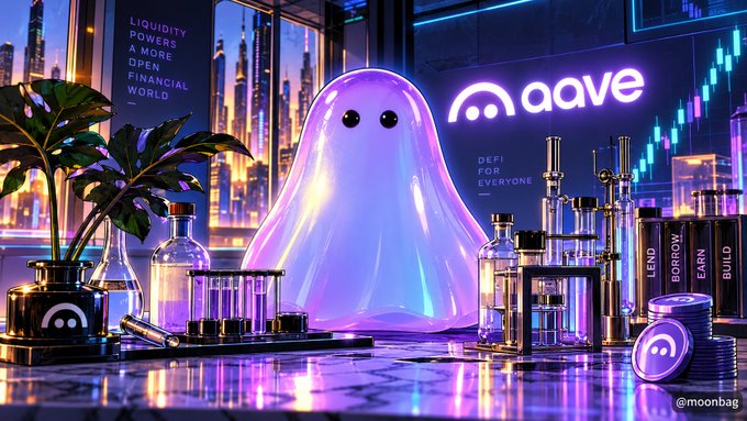A glowing purple ghost mascot stands in a neon-lit lab setting surrounded by beakers and Aave branding, including the "aave" logo, "DEFI FOR EVERYONE" tagline, and "LIQUIDITY POWERS A MORE OPEN FINANCIAL WORLD" text, with crypto candles and "LEND/BORROW/EARN/BUILD" containers nearby—visually capturing Aave's spirit of making decentralized finance accessible. The whimsical, friendly ghost embodies the post's message about Aave Labs partnering with Anchorage to enable institutional stablecoin borrowing against Bitcoin, opening DeFi to funds that previously couldn't engage with self-custody.
