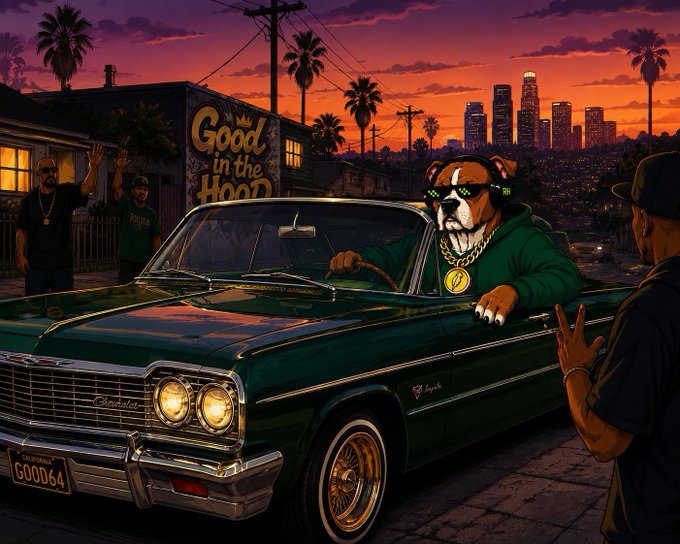 The image depicts an anthropomorphic bulldog wearing sunglasses and a green hoodie, sitting in a classic green lowrider car with the license plate "GOOD64," while a mural reading "Good in the Hood" and a downtown Los Angeles skyline appear in the background. The scene visualizes the meme coin's narrative of blending Robinhood-style trading culture with West Coast "hood" aesthetics, reinforcing the "$GOOD" ticker and the "It's All Good In Da Hood" branding highlighted in the post.