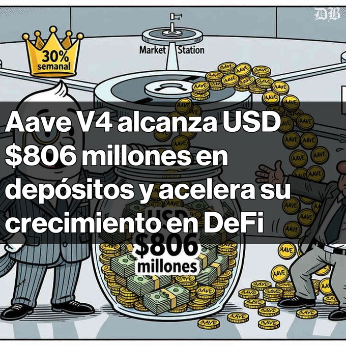 A cartoon illustration shows two figures beside a large jar filled with $806 million in cash and AAVE coins at a Market Station, with text reading 'Aave V4 alcanza USD $806 millones en depósitos y acelera su crecimiento en DeFi' and a crown displaying '30% semanal'.