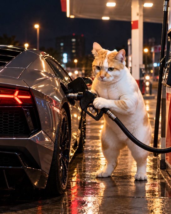 A digitally generated image showing a white and orange cat standing on its hind legs at a gas station, holding a fuel pump nozzle as if refueling a silver sports car at night.