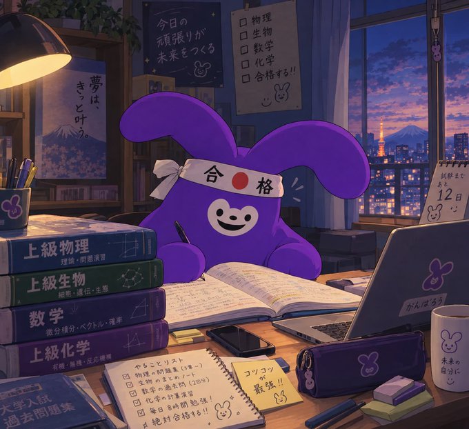 Anime-style illustration of a purple rabbit-like character wearing a Japanese headband sitting at a study desk filled with textbooks, notebooks, and a laptop, with Japanese text visible on posters in the scene.
