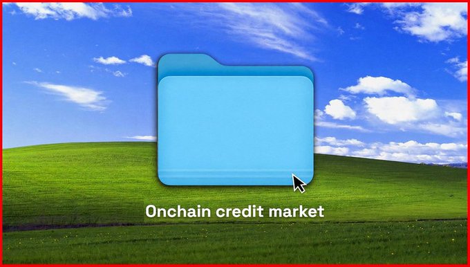A classic Windows XP 'Bliss' desktop wallpaper with a blue folder icon labeled 'Onchain credit market' in the center.