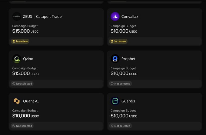 A dark-themed dashboard showing campaign budgets in USDC for various crypto projects including ZEUS | Catapult Trade ($15,000), Convallax ($10,000), Qzino ($15,000), Prophet ($10,000), Quant AI ($10,000), and Guardis ($10,000).