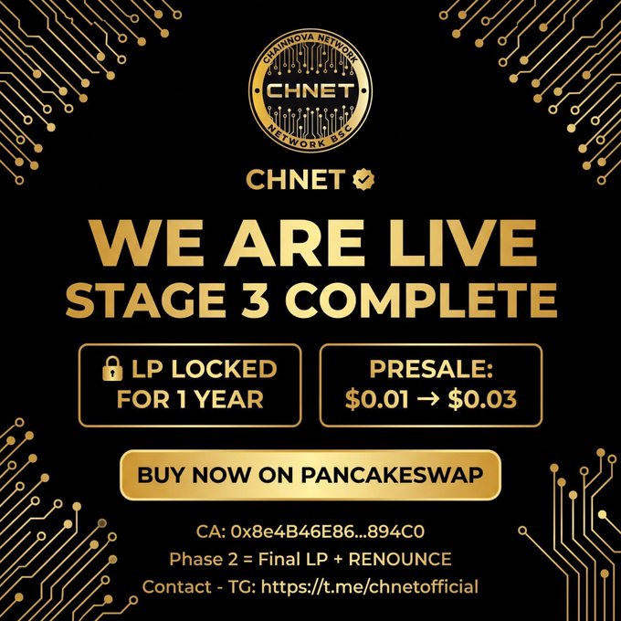 A promotional graphic for a cryptocurrency project called 'CHNET (Chainnova Network),' announcing 'WE ARE LIVE STAGE 3 COMPLETE' with details about locked liquidity and a presale, featuring a 'BUY NOW ON PANCAKESWAP' button.