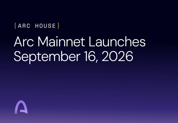 A dark purple announcement slide with the text '{ARC HOUSE} Arc Mainnet Launches September 16, 2026' featuring the Arc logo in the bottom left corner.
