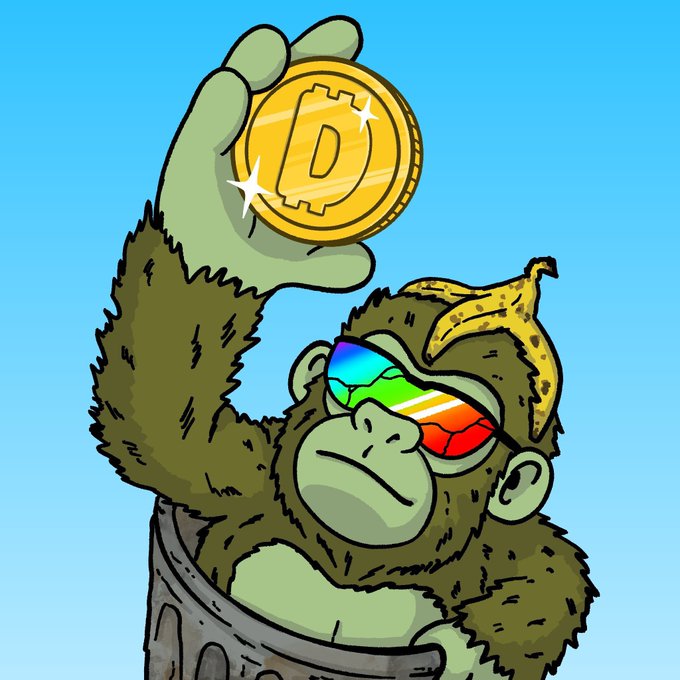 A cartoon gorilla wearing rainbow sunglasses and a banana peel on its head triumphantly holds up a golden Dogecoin (marked with the "Ð" symbol) against a bright blue sky, visually representing the post's bullish crypto enthusiasm and the playful spirit of the @CyberKongz community.