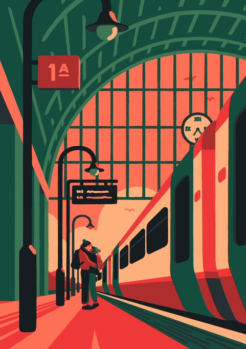 A stylized digital illustration of a train station platform featuring two passengers embracing, a green and red train on the right, arched glass ceiling, vintage street lamps, and a sign reading '1A'.
