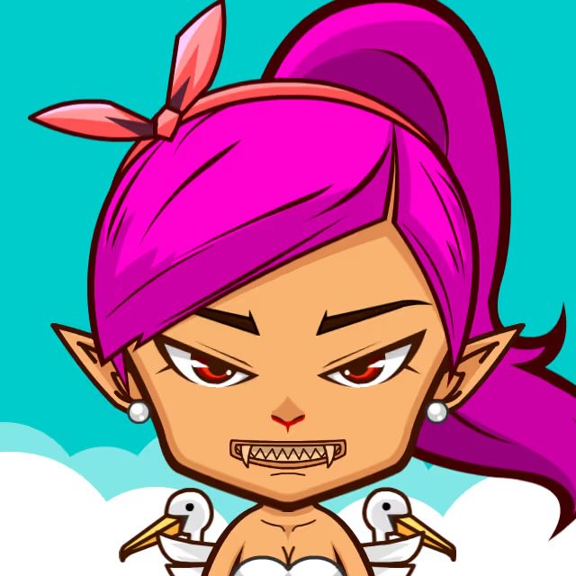 A cartoon illustration of a girl with bright pink hair tied in a high ponytail, pointed ears, and sharp vampire-like fangs against a turquoise sky background.