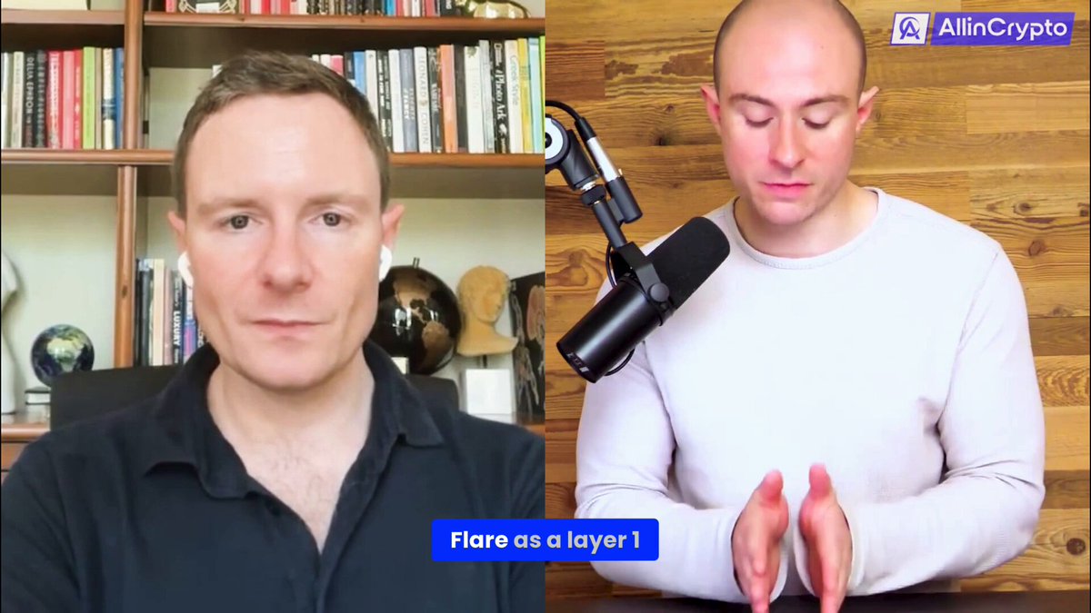 The image shows a man wearing a black shirt sitting at a desk with his hands folded in front of him. There are two microphones set up behind him, one closer to the camera and another further away. A caption below the image reads "@FlareNetworks is not just another Layer 1. @HugoPhilion explains why Flare is different: smart contracts and data are baked directly into the network, eliminating the need for external oracles."