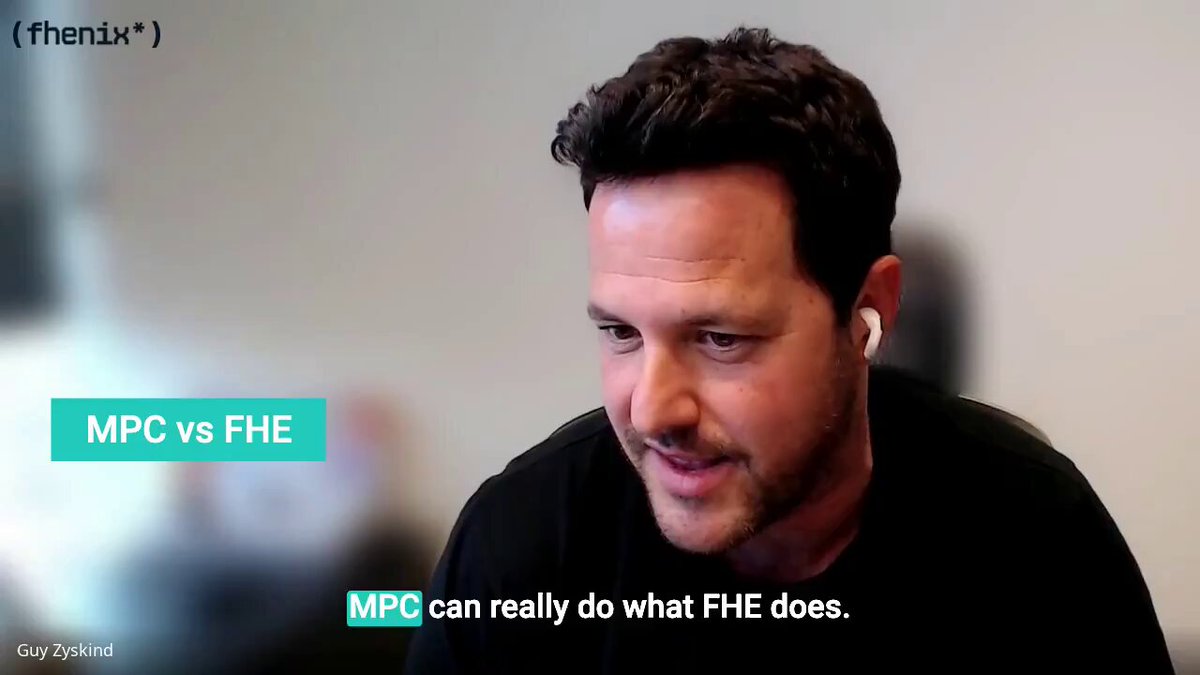 The image shows a man wearing headphones with his head tilted back as he looks at something off-camera. The caption below the image reads "if you've been asking what makes fhe different from mpc, here's some alpha". This suggests that there might be an interesting or unusual aspect of FHE that has caught the man's attention, prompting him to look into it further.