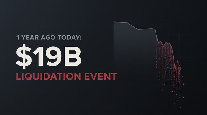 A dark-themed graphic commemorating a '$19B Liquidation Event' from one year ago today, featuring a falling red line chart against a dark blue background.