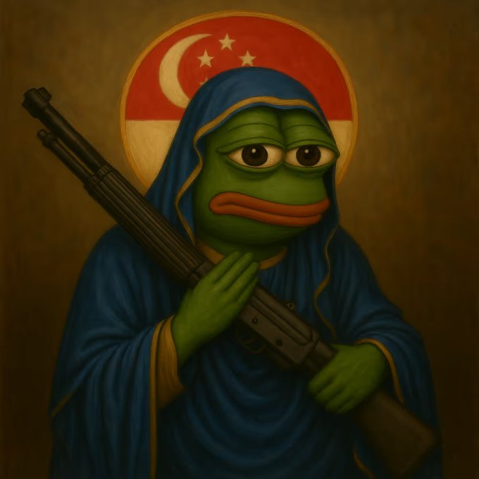 A Pepe the Frog figure in a blue robe holds a rifle in front of a Singapore flag halo, evoking a militant, meme-style image often associated with the "GM" (good morning) crypto greeting's playful, irreverent culture.