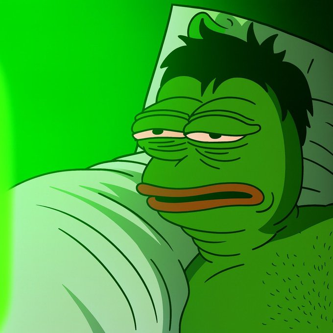 An illustration of a tired-looking Pepe the Frog character lying in bed with droopy eyes and a flat expression, bathed in green lighting.