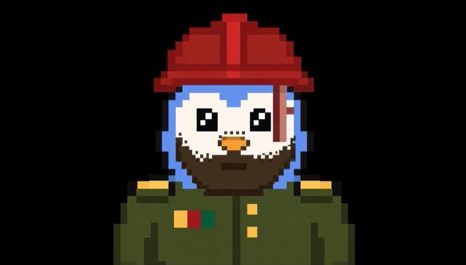 A pixel art bust of a penguin-like character wearing a red fireman's helmet and a green military uniform with medals, set against a black background. The image represents one of the 2,800 shielded privacy-focused PFP NFTs from the Zaddr collection on Zcash that the user has applied to whitelist for.