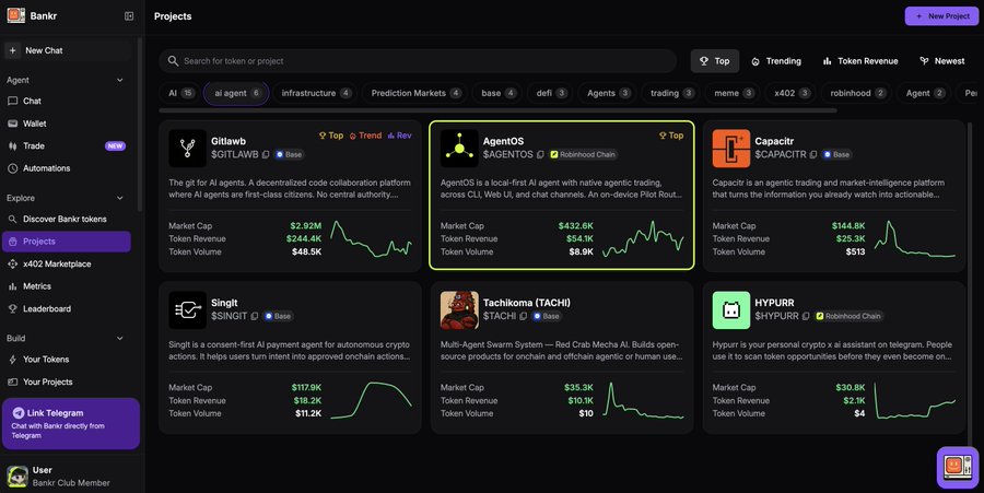 A screenshot of the Bankr platform's 'Projects' page displaying various AI agent tokens including $GITLAWB, $AGENTOS, and $CAPACITR with their market caps.