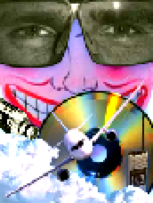 A surreal, low-resolution digital collage featuring mirrored grayscale faces at the top, a colorful rainbow prism in the center, and glitchy, dreamlike textures below.