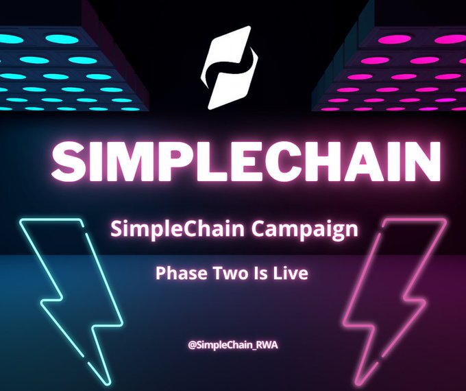 A promotional graphic for 'SIMPLECHAIN' reads 'SimpleChain Campaign' and 'Phase Two Is Live' with the handle '@SimpleChain_RWA', featuring a white logo and neon lightning bolts.