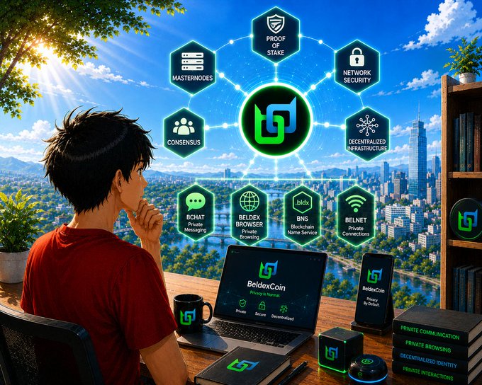 A young person sits at a desk contemplating a holographic display of the BeldexCoin cryptocurrency network, which features interconnected hexagonal icons labeled "PROOF OF STAKE," "NETWORK SECURITY," "MASTER NODES," "CONSENSUS," "DECENTRALIZED INFRASTRUCTURE," "BCHAT Private Messaging," "BELDEX BROWSER Private Browsing," "BNS Blockchain Name Service," and "BELNET Private Connections," alongside the Beldex logo.