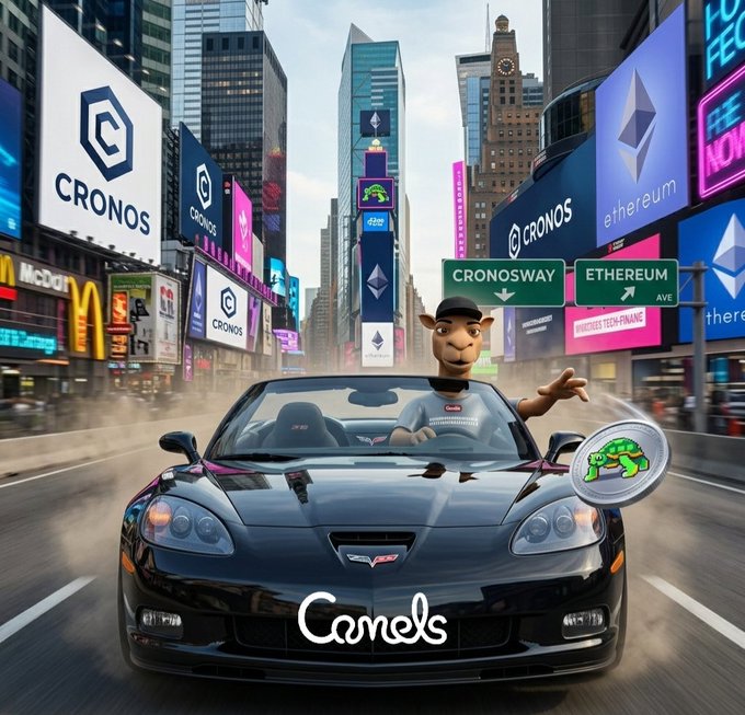 The image features Camel Tyson behind the wheel of a black convertible speeding through Times Square, with billboards displaying Cronos, Ethereum, and other crypto-related signage—including a "CRONOSWAY" and "ETHEREUM AVE" street sign. The "Camels" logo on the car and a Crocodile token graphic reinforce the post's message about bridging $wTURTLE between the Cronos and Ethereum networks.