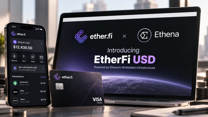 A promotional image for "ether.fi" showing a phone displaying an "EtherFi USD" balance of "$12,430.50," a Visa card, and a laptop displaying "Introducing EtherFi USD" powered by Ethena's Whitelabel infrastructure.