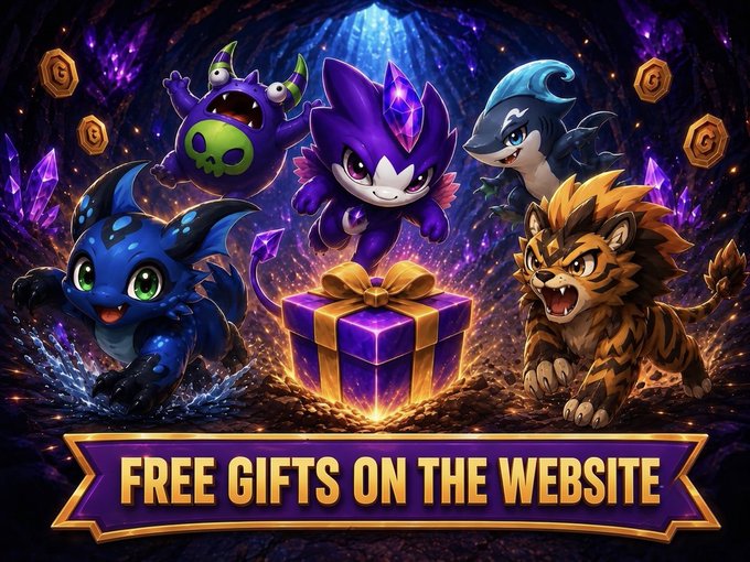 A promotional gaming graphic featuring four cartoon fantasy creatures around a glowing gift box, with a banner reading 'FREE GIFTS ON THE WEBSITE'.