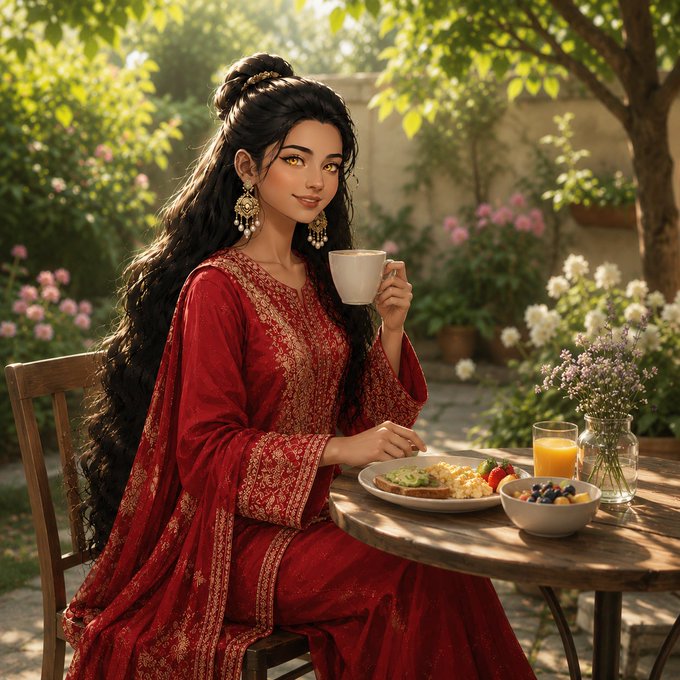A woman with long dark hair wearing an ornate red traditional dress sits at an outdoor garden table, holding a teacup with breakfast and flowers nearby.