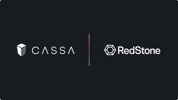 Dark partnership announcement graphic displaying the logos of 'CASSA' and 'RedStone' separated by a vertical gradient line.