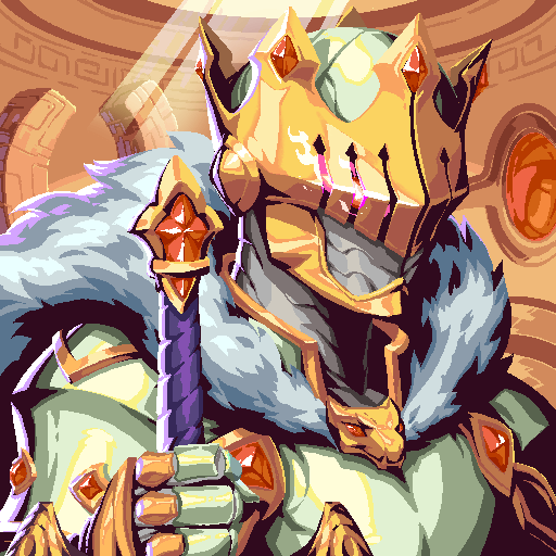 A pixel art illustration of a golden-armored knight with a horned helmet and fur-lined collar, holding a large sword, dripping with a pink substance from the visor.