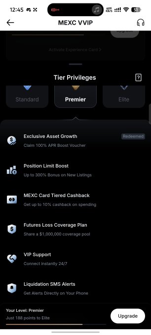 A mobile screenshot of the 'MEXC VVIP' tier privileges page showing a Premier level status with benefits like 'Exclusive Asset Growth,' 'Position Limit Boost,' 'MEXC Card Tiered Cashback,' 'Futures Loss Coverage Plan,' 'VIP Support,' and 'Liquidation SMS Alerts,' with 188 points to the Elite tier.