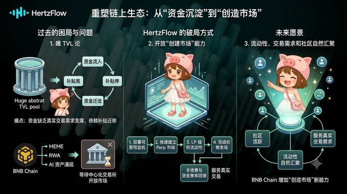 HertzFlow infographic in Chinese titled '重塑链上生态: 从"资金沉淀"到"创造市场"' (Reshaping the on-chain ecosystem), illustrating their approach to opening up 'market creation' capabilities on BNB Chain.