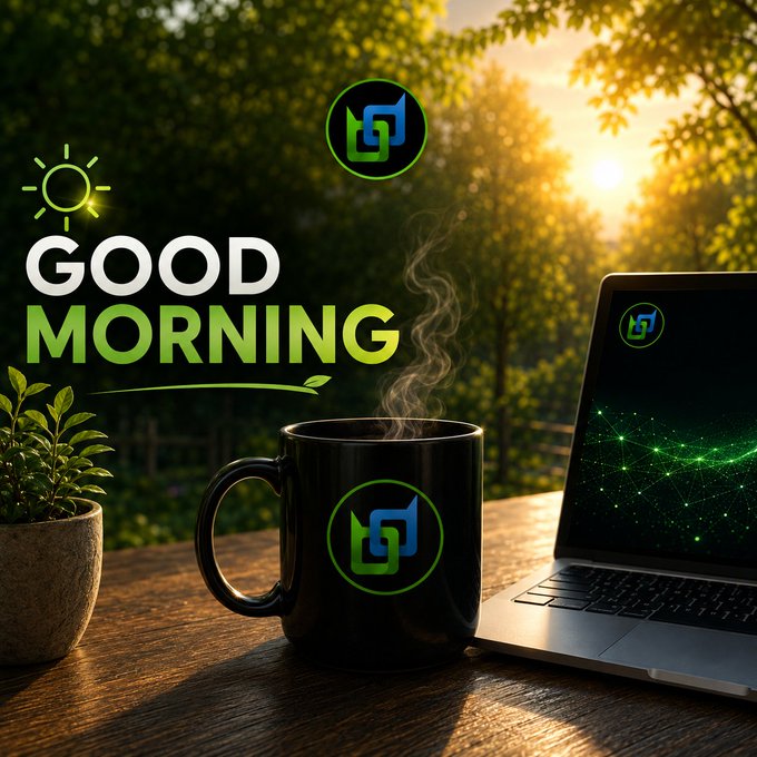 A "Good Morning" greeting graphic featuring a black mug with steam rising next to a laptop, set against a sunny outdoor background, all branded with a green and blue logo.