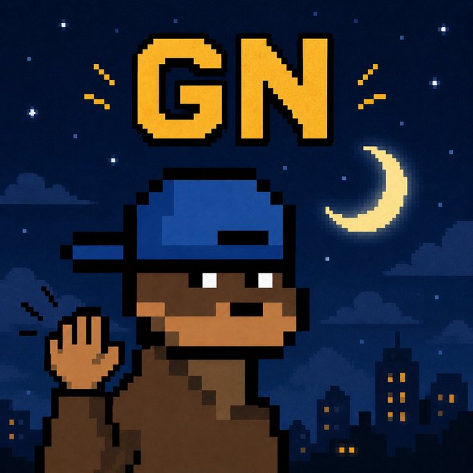 Pixel art illustration of a character wearing a backwards blue cap and brown hoodie, waving against a dark blue night sky with a crescent moon, stars, city skyline, and the yellow letters 'GN' at the top.